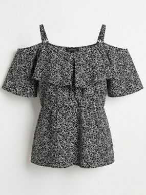 Bloomchic Black Floral Ditsy Print Cold Shoulder Ruffle Top Blouse Size 12